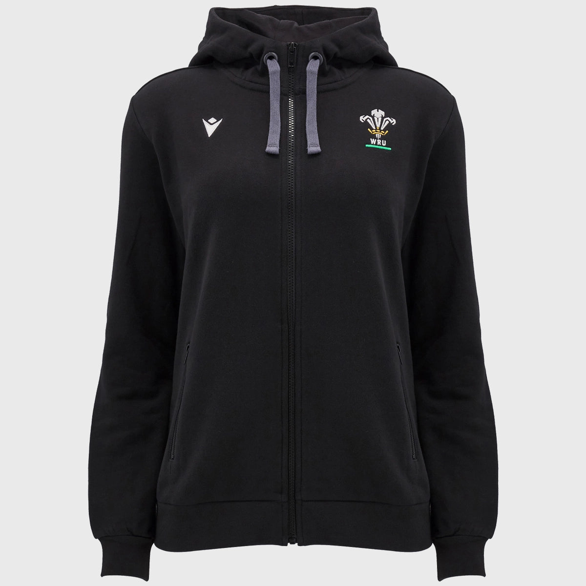 Macron Wales Rugby Women's Full Zip Hoody Black Hoodie with Hem Elastic Stretchable Comfortable