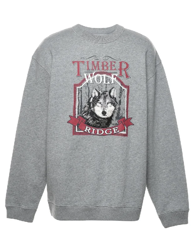 Marl Grey Timber Wolf Printed Sweatshirt - XL Hoodie with Rhinestones Sparkly Elegant