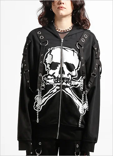 MEGA SKULL HOODY Hoodie with Double Zipper Versatile Adjustable