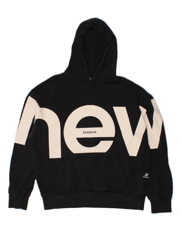 NEW BALANCE Womens Oversized Graphic Hoodie Jumper US 2 XS Black Cotton Hoodie with Frayed Bohemian Relaxed