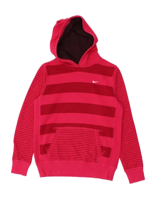 NIKE Girls Hoodie Jumper 12-13 Years Large Pink Striped Cotton Hoodie with Sequins Glamorous Eye-catching