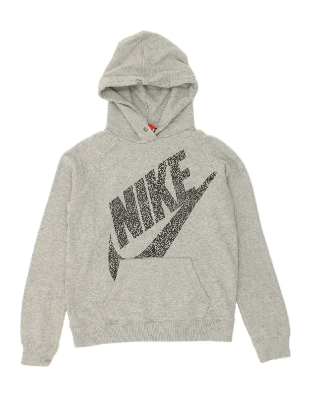 NIKE Womens Graphic Hoodie Jumper UK 10 Small Grey Cotton Hoodie with Earth Tones Natural Calm