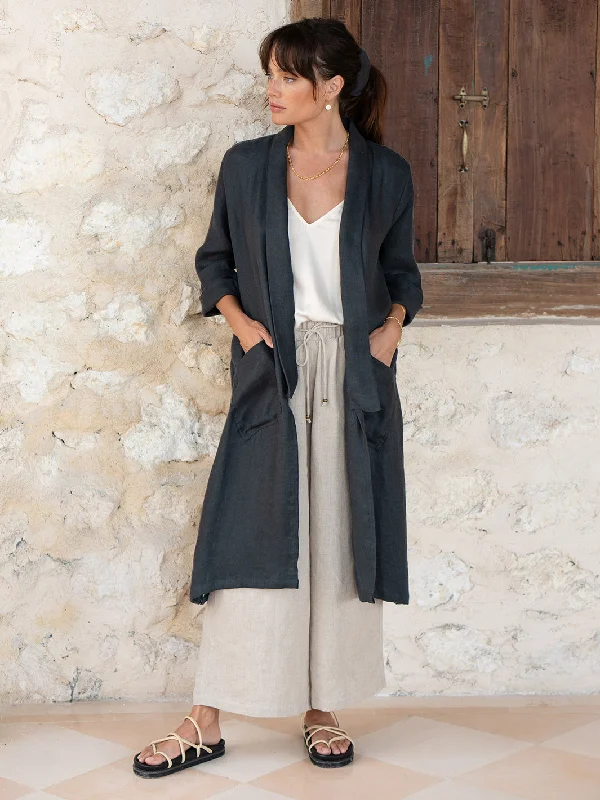 Nova Longline Linen Coat Charcoal Fitted Faux Suede Blazer