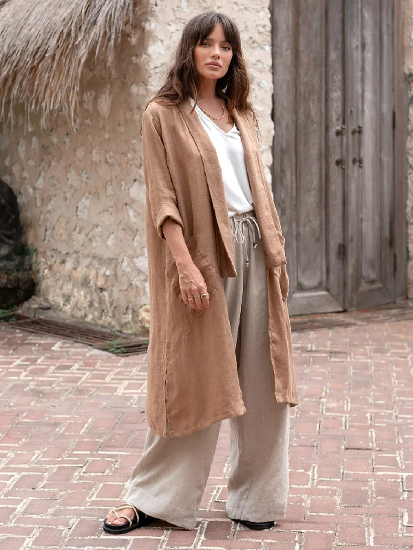 Nova Longline Linen Coat Desert Sand Military-Inspired Jacket