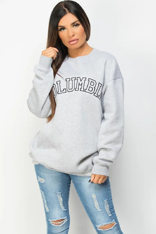 Oversized Sweatshirt With Columbia Embroidery Grey Hoodie with Illustration Artistic Creative