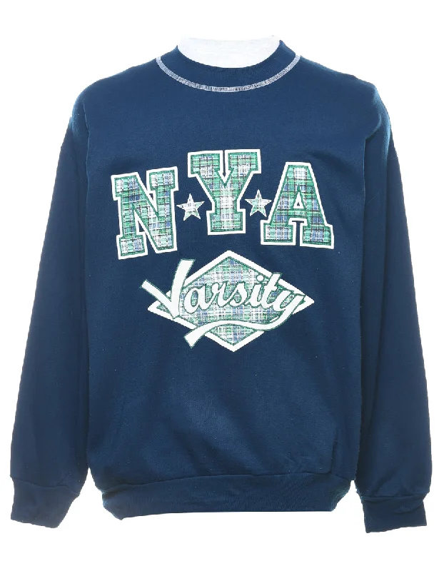 Patchwork NYA Varsity Printed Navy & Green Sweatshirt - L Hoodie with Color Block Contrast Stylish