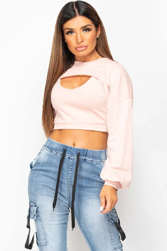 Pink Cut Out Front Two Piece Sweatshirt Hoodie with Print Artistic Unique