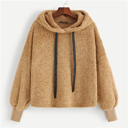 Plain Faux Fur Workout  Hoody Hoodie with Belted Waist Structured Tailored