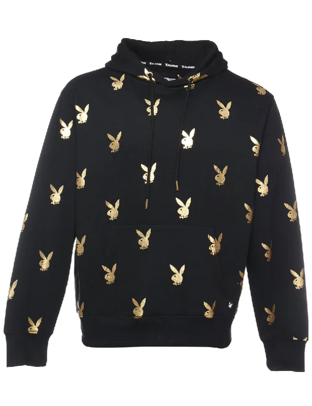 Playboy Black & Gold Metallic Printed Hoodie - S Hoodie with Rolled Sleeves Casual Relaxed