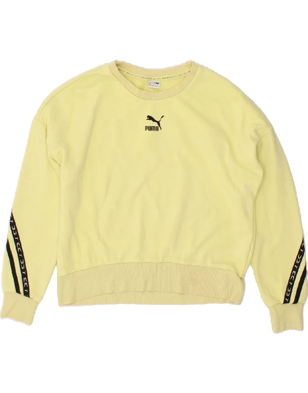 PUMA Womens Oversized Crop Sweatshirt Jumper UK 6 XS Yellow Cotton Hoodie with Elastic Waist Stretchable Comfortable