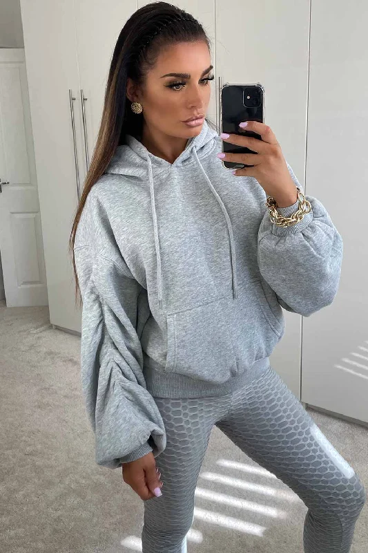 Ruched Sleeve Oversized Hoodie Grey Hoodie with Ribbed Cuffs Snug Fit Comfort