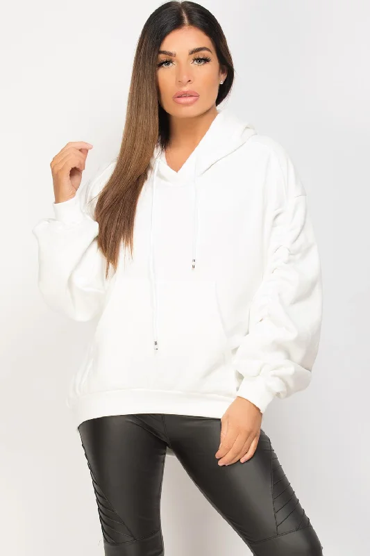 Ruched Sleeve Oversized Hoodie Off White Hoodie with Gradient Ombre Colorful