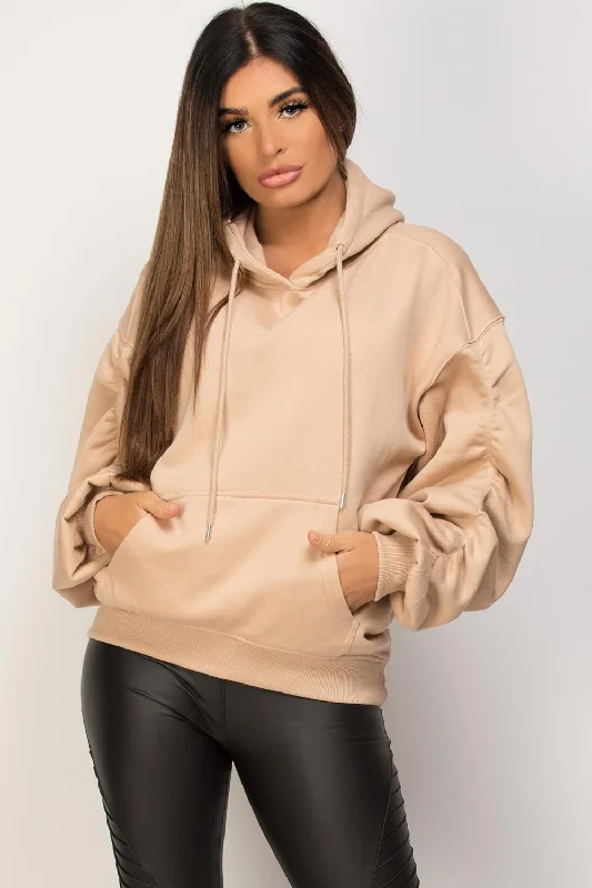 Ruched Sleeve Oversized Hoodie Stone Hoodie with Magnetic Closure Innovative Modern