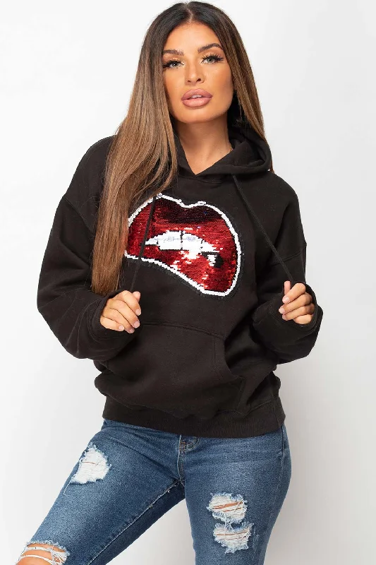 Sequin Lips Oversized Hoodie Black Hoodie Jacket Zipper Layering