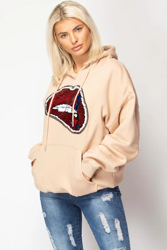 Sequin Lips Oversized Hoodie Stone Hoodie with Lace Feminine Delicate