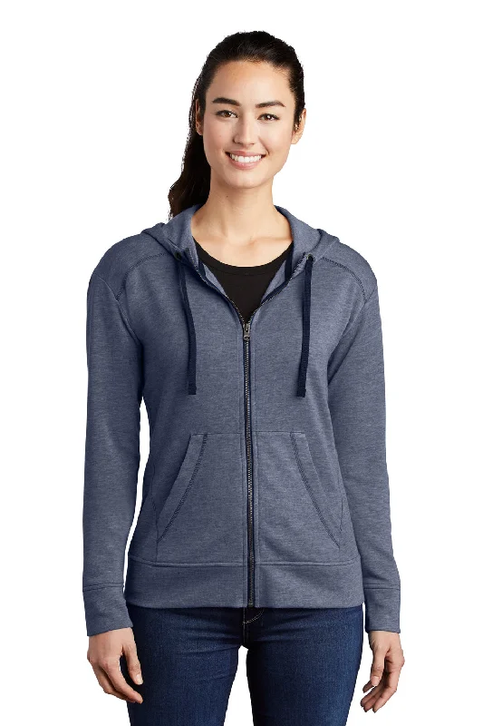 Sport-Tek Womens Moisture Wicking Fleece Full Zip Hooded Sweatshirt Hoodie - Heather True Navy Blue Hoodie with Tied Waist Feminine Flattering