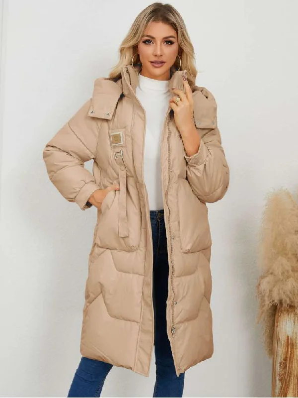 Stand Collar Hooded Pockets Long Down Coats Draped Collar Cardigan