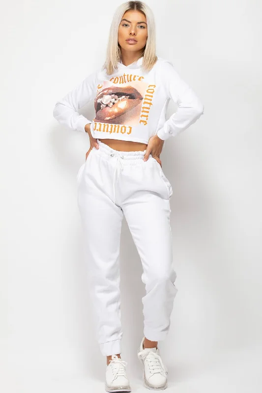 White Couture Graphic Slogan Cropped Hoodie Hoodie with Hidden Zipper Minimalist Clean