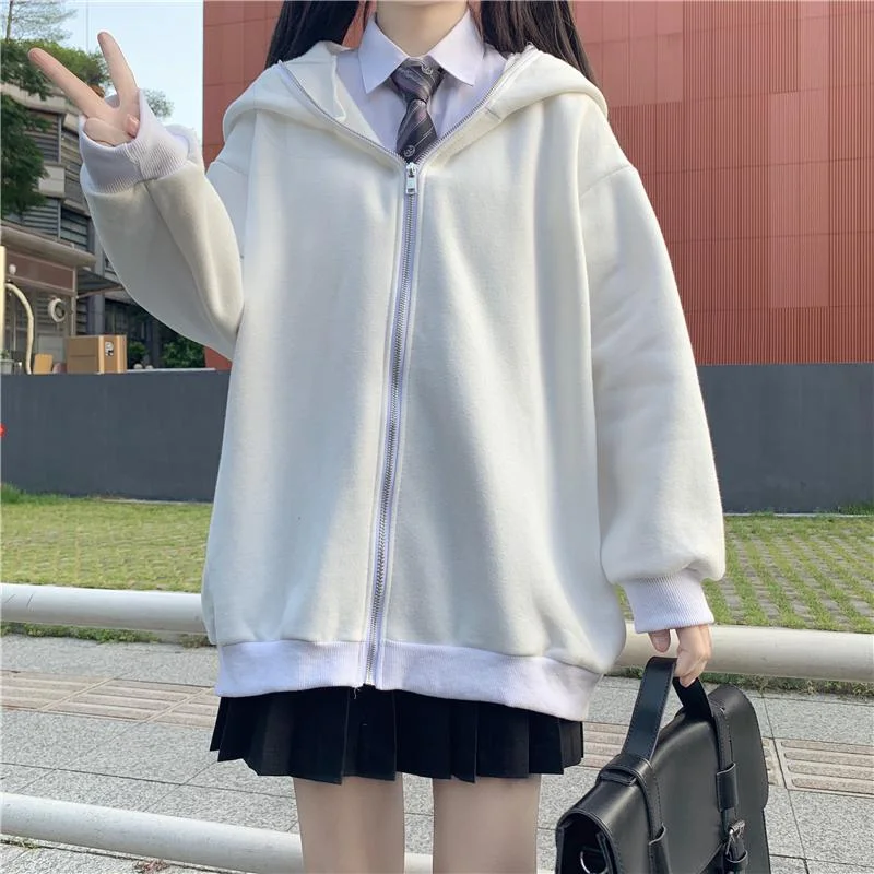 Women's Kawaii Rabbit's Ears Zipper Coat with Hood Classic Riding Jacket