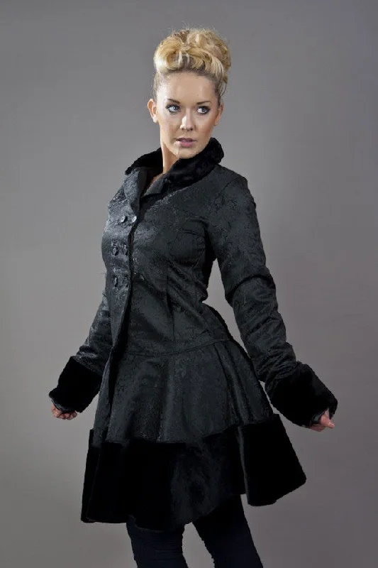 Dark Women's Coat In Black Brocade And Black Fur Cropped Tweed Jacket