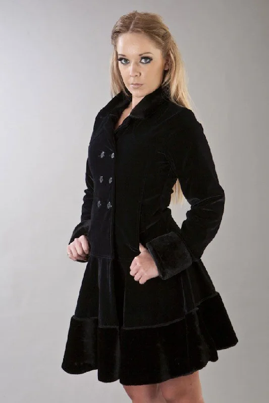 Dark Women's Coat In Black Velvet Flock And Black Fur Pastel Wool Peacoat