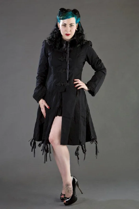 Elizabeth Ladies Gothic Coat With Hood In Black Twill Double-Layered Poncho