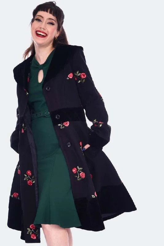 Flo Black & Red Floral Flocked Coat Soft Thermal Overcoat