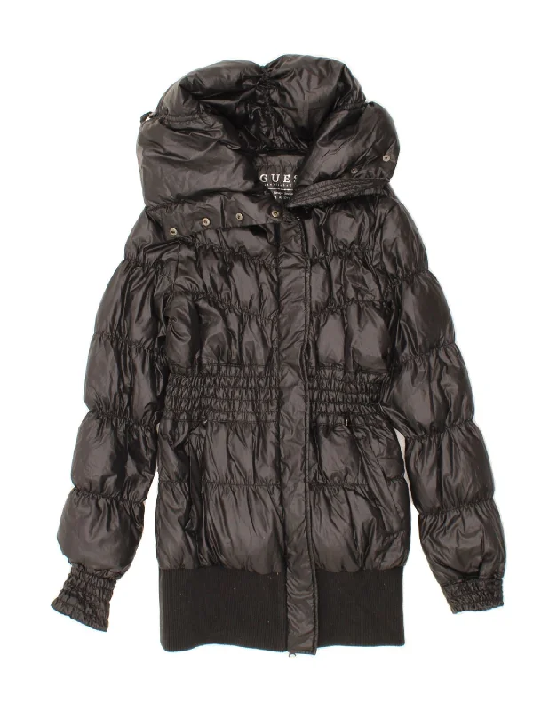 GUESS Womens Padded Coat UK 12 Medium Black Nylon Double-Breasted Trench