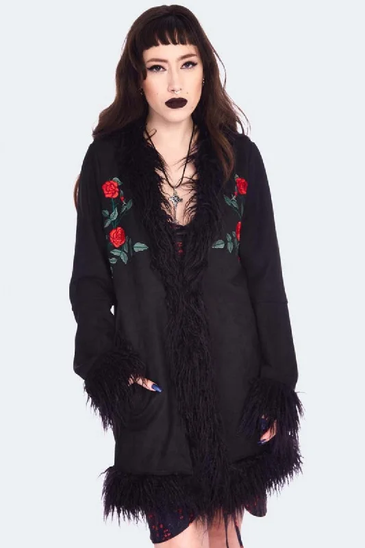 Night Rose Embroidered Suede Coat Elegant Cape Blazer