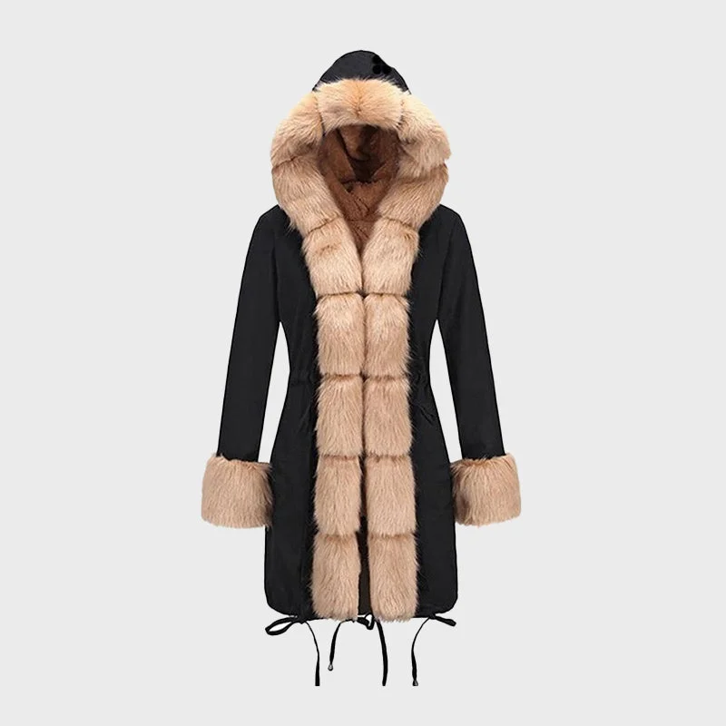 Women's Black Big Fur Hooded Cotton Coat Collared Pea Coat