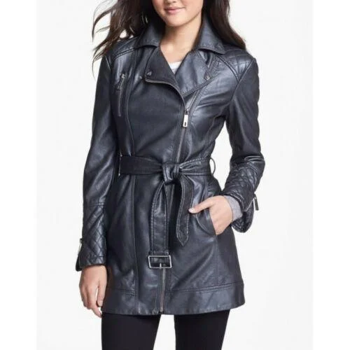 Women's Zip-up Long Asymmetrical Belted Gray Leather Coat Vintage Suede Jacket