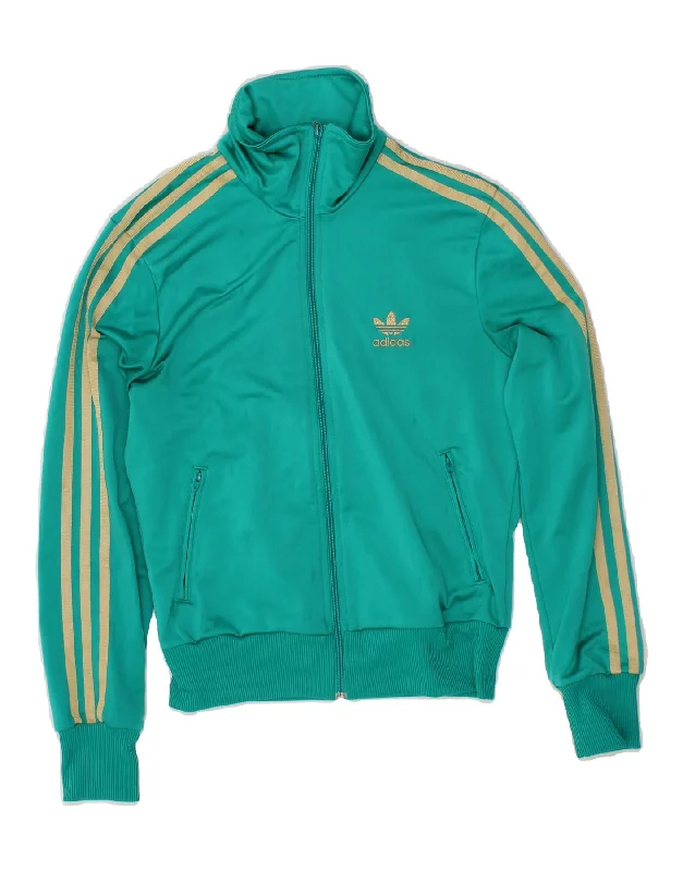 ADIDAS Womens Graphic Tracksuit Top Jacket EU 38 Medium Green Polyester Boat Neck Shawl Collar Notched Collar