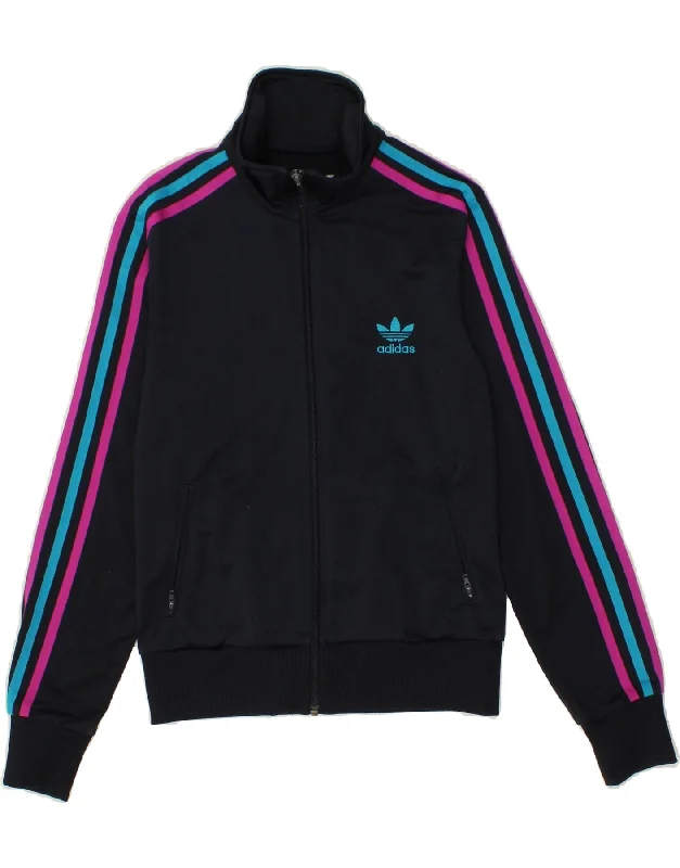 ADIDAS Womens Graphic Tracksuit Top Jacket EU 38 Small Navy Blue Polyester Oversized Jacket Tailored Jacket Straight Jacket