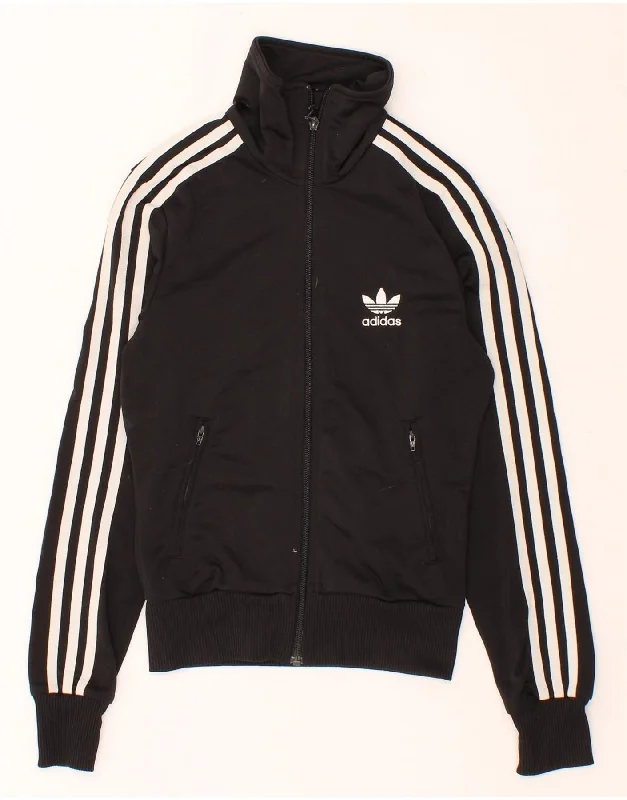 ADIDAS Womens Graphic Tracksuit Top Jacket UK 6 XS Black Polyester Fleece Fabric Down Fabric Feather Fabric