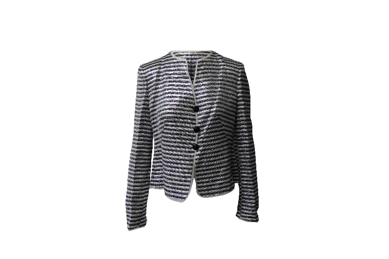 Armani Collezioni Striped Shiny Jacket in Multicolor Viscose A-Line Jacket Boat Neck Shawl Collar