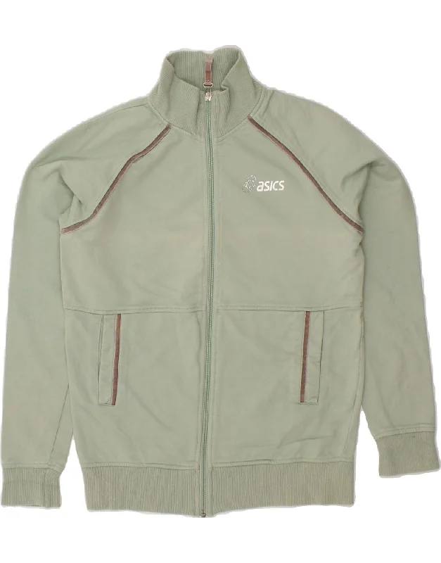 ASICS Womens Tracksuit Top Jacket UK 10 Small Green Cotton Ribbed Jacket Pleated Jacket Ruffled Jacket