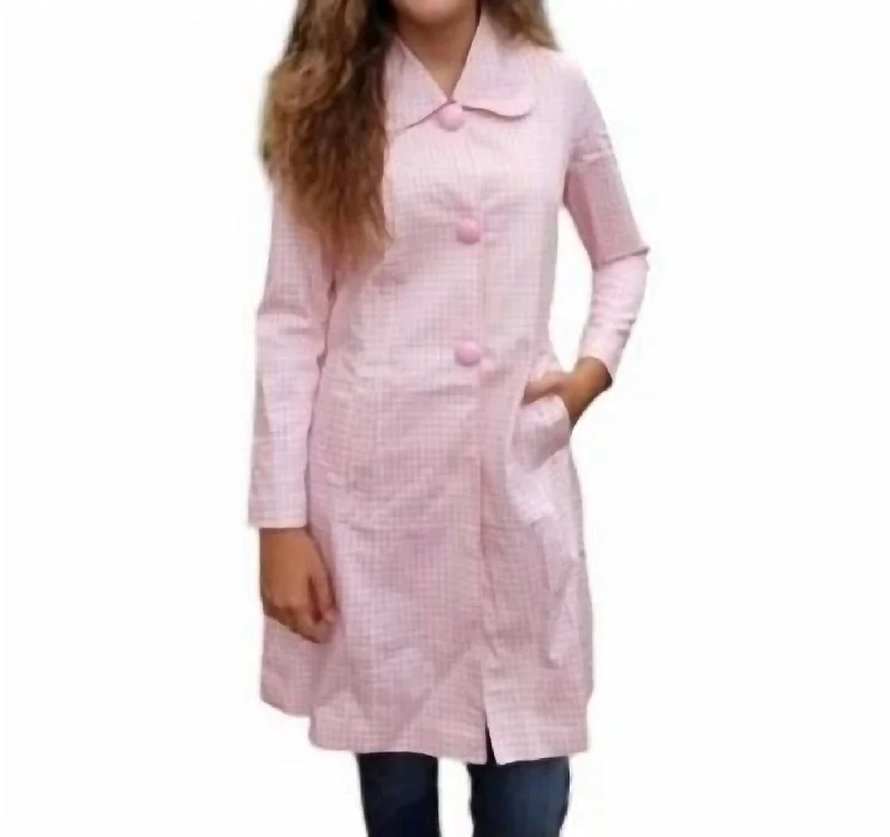 Checkerboard Long Jacket In Pink/white Zippered Front Buttoned Front Snap Front