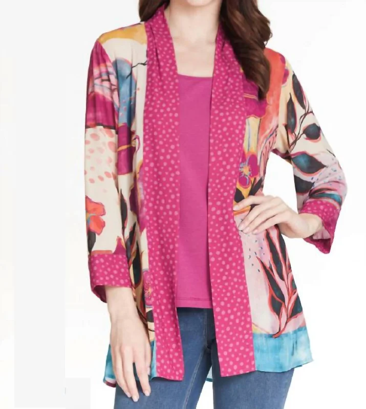 Crinkle Kimono Jacket In Floral Print Hoodie Zip-Up Jacket Button-Up Jacket