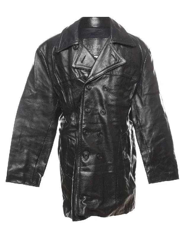 Double-Breasted Black Classic Leather Jacket - XL Fleece Fabric Down Fabric Feather Fabric