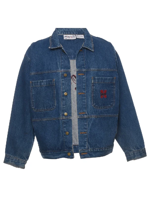 Embroidered Huskers Dark Wash Denim Jacket - L Welt Pockets Slit Pockets Flap Pockets