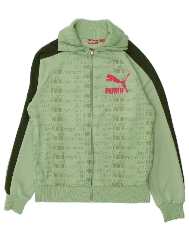 PUMA Womens Graphic Tracksuit Top Jacket UK 10 Small Green Polyester Denim Fabric Leather Fabric Suede Fabric