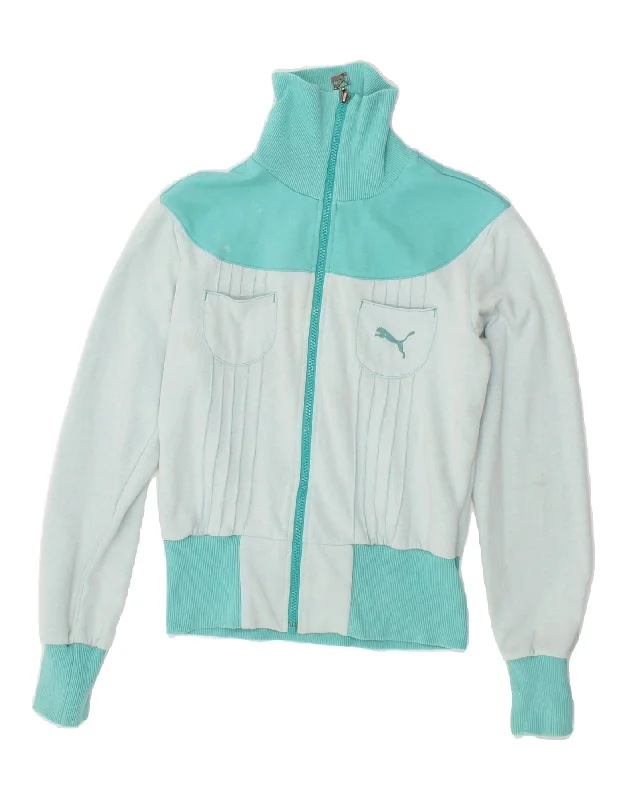 PUMA Womens Tracksuit Top Jacket UK 12 Medium  Turquoise Front Pockets Side Pockets Patch Pockets