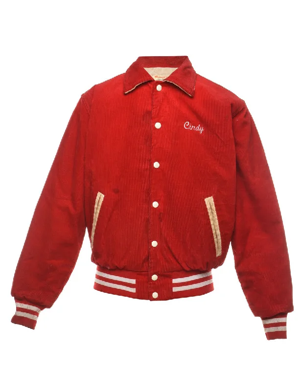 Red & Off-White Embroidered Corduroy Varsity Jacket  - S Belted Jacket Elasticated Jacket Padded Jacket