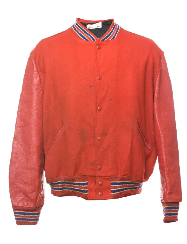 Red Wool & Leather Contrast Varsity Jacket - L Snapped Jacket Toggled Jacket Drawstring Jacket