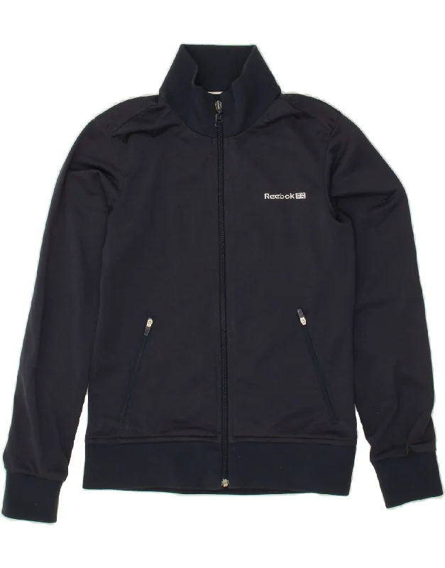 REEBOK Womens Tracksuit Top Jacket UK 8 Small Navy Blue Polyester Rayon Fabric Velvet Fabric Corduroy Fabric