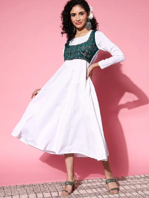 Women White Velvet Embroidered Jacket Anarkali Dress Trench Coat Raincoat Waterproof Jacket