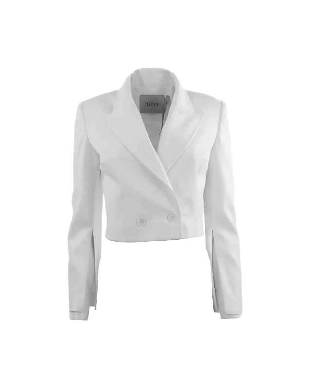 Women Hestia Cropped Jacket In White Notch Collar Peter Pan Collar Cowl Neck