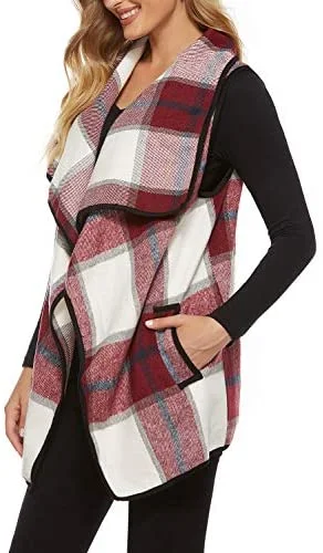 Yacun Women Buffalo Plaid Vest Lapel Open Front Cardigan Sleeveless Jacket with Pockets Zippered Front Buttoned Front Snap Front