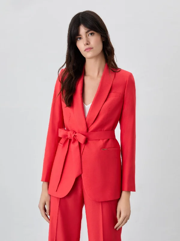 Single-Breasted Red Suit Blazer In Rayon Blend With Belt Women's Unique Blazer