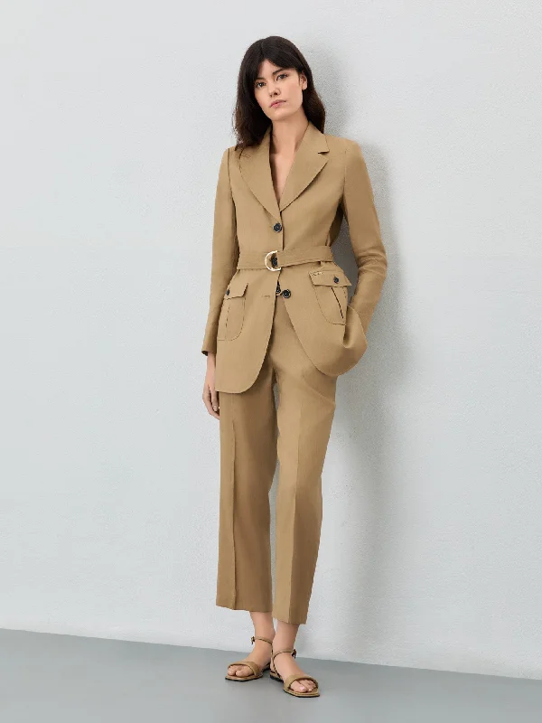 Single-Breasted Suit Blazer In Viscose Linen Blend With Belt Women's Business Blazer